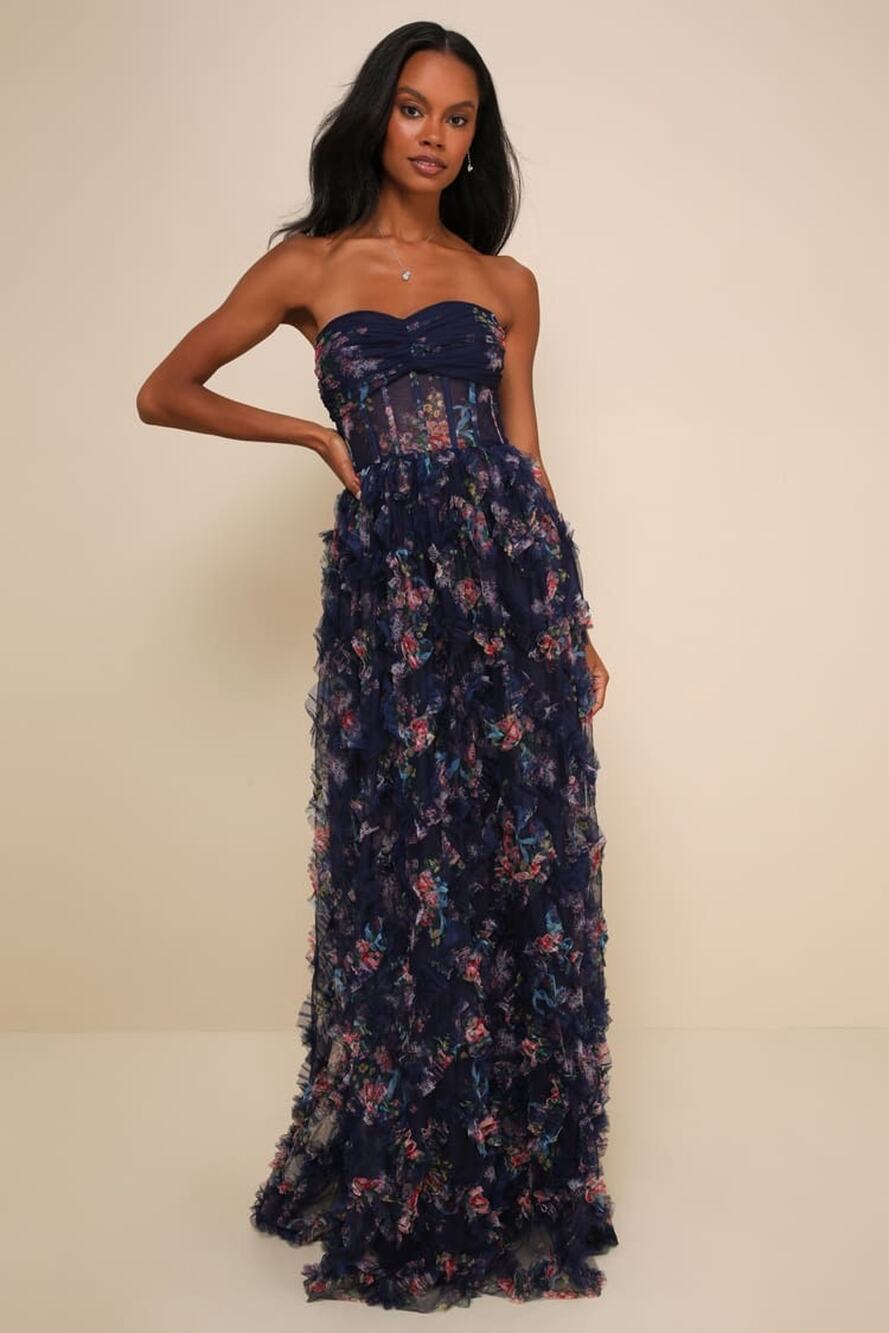 NWT Lulus Stunning Element Navy Floral Mesh Ruffled Strapless Maxi Dress Size XS